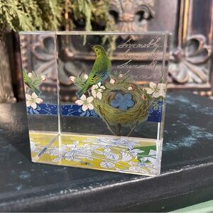 Vintage Birds Bees & flowers square crystal cube paperweight decor